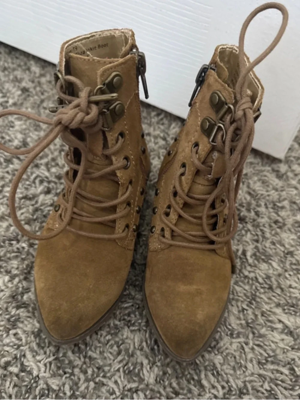Joyfolie Tan Suede Lace-Up Studded Ankle Boots